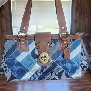 Authentic Coach Signature Patchwork Canvas Denim & Leather Turnlock Shoulder Bag